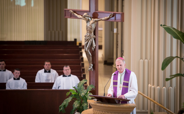 Bishop James Johnston Jr. of the Kansas City-St. Joseph diocese, delivers a homily during the "Service of Lament" at the Cathedral of the Immaculate Conception in downtown Kansas City, Mo., on June 26, 2016. (RNS/Sally Morrow)