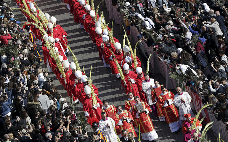 Cardinals hold palm branches at the start of the Palm Sunday Mass led by Pope Francis March 20 at the Vatican. (Photo courtesy of Reuters/Max Rossi)