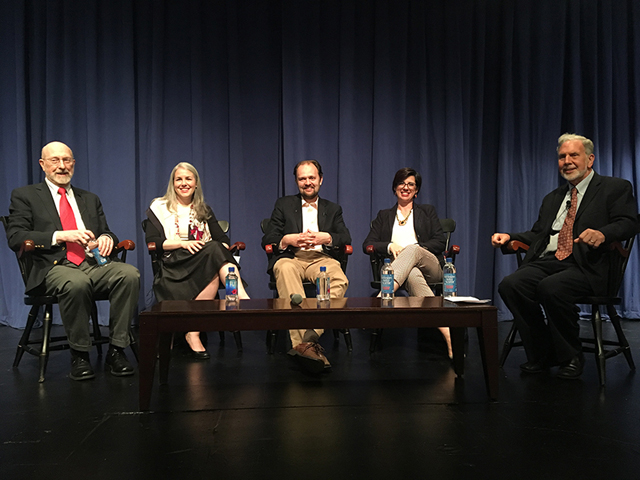 From left to right, participants at a Fordham University panel titled, “Is the Pope Catholic?” are Former New York Times religion writer and Commonweal magazine editor Peter Steinfels; Alice Kearney Alwin, director of Mission and Ministry at Marymount School, a Catholic girls school in Manhattan; New York Times columnist Ross Douthat; Natalia Imperatori-Lee, a theologian at Manhattan College; and moderator John Sexton, president emeritus of New York University. (Fordham University Office of Alumni Rela