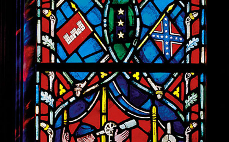 A detail of the stained-glass window honoring Confederate General Stonewall Jackson installed at the Washington National Cathedral. (Washington National Cathedral)