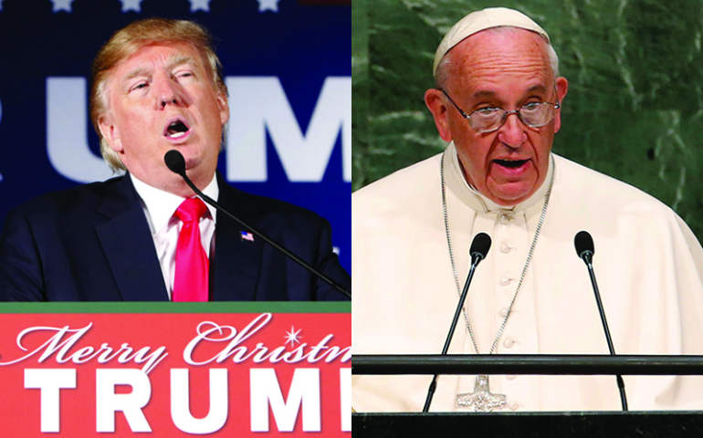 (Left) U.S. Republican presidential candidate Donald Trump speaks at a campaign event at the Veterans Memorial Building in Cedar Rapids, Iowa, on December 19, 2015. (REUTERS/Scott Morgan) (Right) Pope Francis addresses a plenary meeting of the United Nations Sustainable Development Summit 2015 at United Nations headquarters in Manhattan, New York, on September 25, 2015. (REUTERS/Mike Segar)