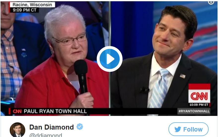 Screenshot of a tweet from Politico reporter Dan Diamond about Sr. Erica Jordan's question to Speaker of the House Paul Ryan.