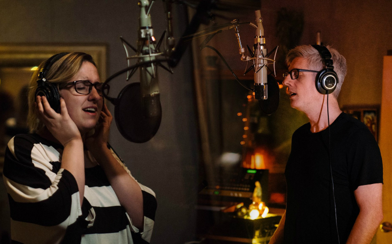 Catholic musicians Matt Maher and Audrey Assad record "Oh Mercy" at The Smoakstack recording studio in Nashville. (Courtesy of Hoganson Media Relations)