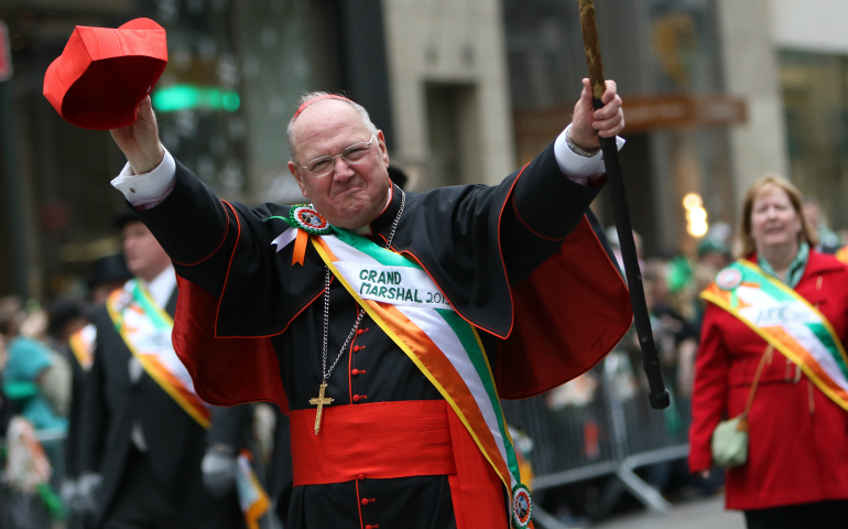 New York Cardinal Timothy Dolan waves to the crowd while serving as grand marshal of the St. Patrick's Day Parade in New York City in 2015. (CNS/Gregory A. Shemitz)