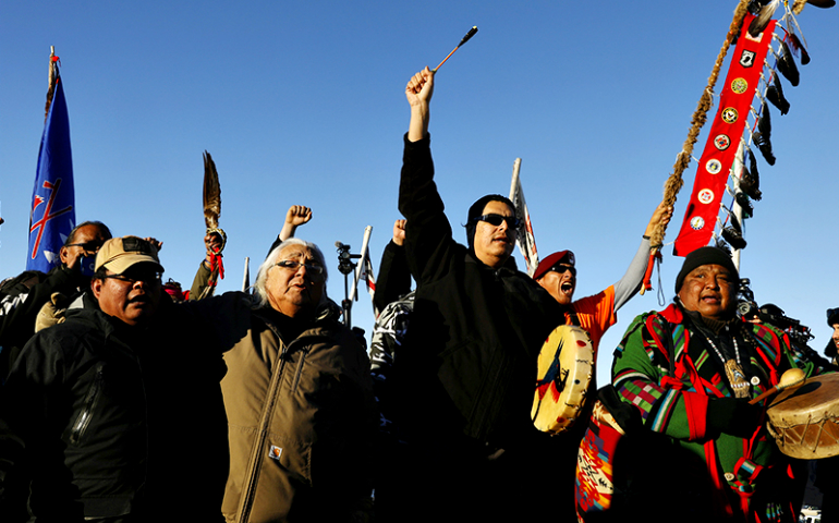 "Water protectors" celebrate that the Army Corps of Engineers denied an easement for the $3.8 billion Dakota Access Pipeline at the Oceti Sakowin Camp near Cannon Ball, N.D., Dec. 4. (RNS/Reuters/Lucas Jackson)