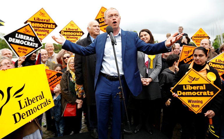 The leader of the Liberal Democrats Party, Tim Farron, speaks at the launch of the party's general election campaign in Kingston-Upon-Thames, Britain, on May 1, 2017. (Courtesy of Reuters/Peter Nicholls)