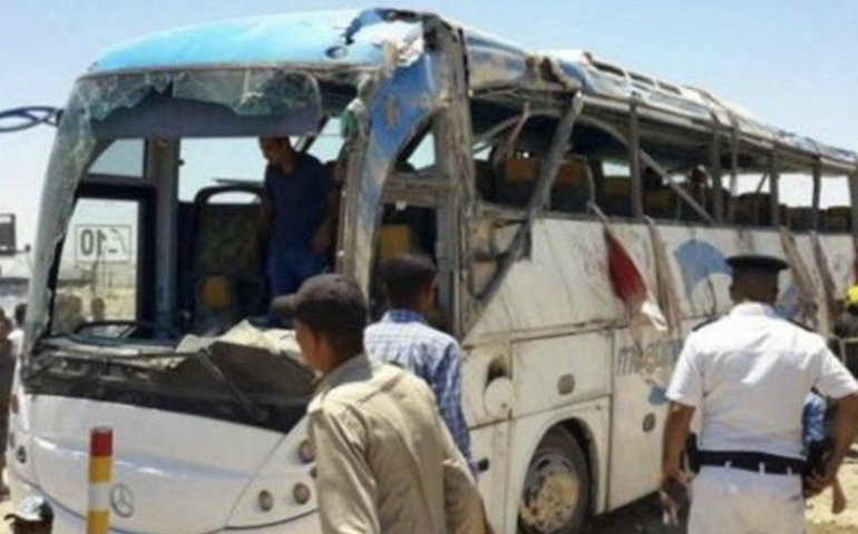 Authorities inspect the aftermath of an attack on buses and a truck carrying Coptic Christians in Minya Province, Egypt, on May 26, 2017. (Screenshot from video)