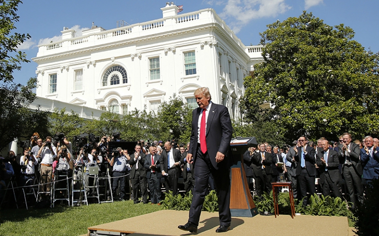 President Donald Trump departs after announcing his decision that the United States will withdraw from the landmark Paris Climate Agreement, in the Rose Garden of the White House in Washington, D.C., on June 1, 2017. (Courtesy of Reuters/Kevin Lamarque)