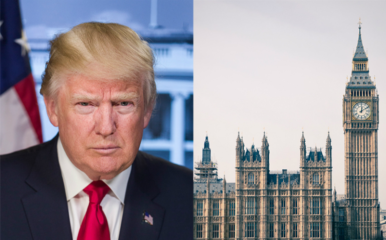 President Trump, left, and the Houses of Parliament in central London. (Creative Commons)