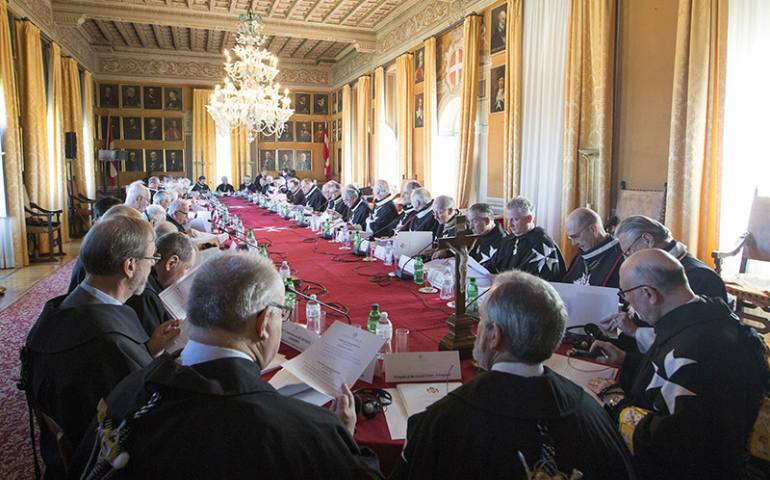 Knights of the Order of Malta gather in a villa in Rome on April 29, 2017, to elect an interim leader to carry out reforms of the ancient chivalric order following a bitter internal clash that promoted the intervention of Pope Francis. (Order of Malta/Remo Casilli)