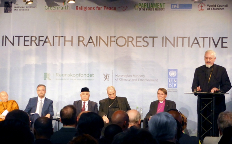 Metropolitan Emmanuel, right, of the Orthodox Church of France gives a speech during a meeting with religious leaders on ways to protect tropical rainforests from threats in Oslo, Norway, on June 19, 2017. (Courtesy of Reuters/Alister Doyle)