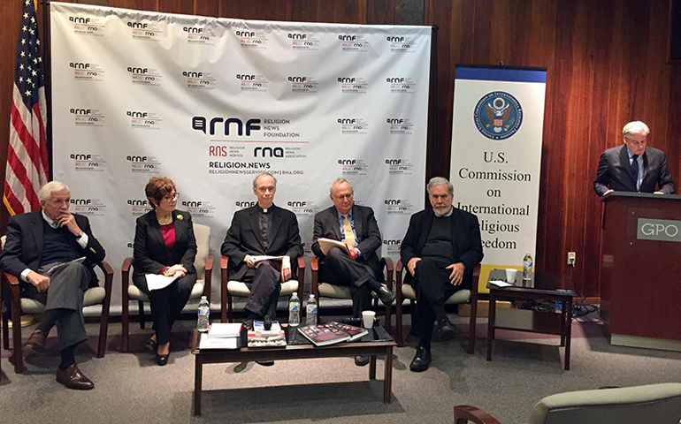 Religion News Foundation CEO Thomas Gallagher, far right, begins the panel discussion "Tolerance: A Key to Religious Freedom," Feb. 9 in Washington, D.C. (RNS/Cathy Lynn Grossman)