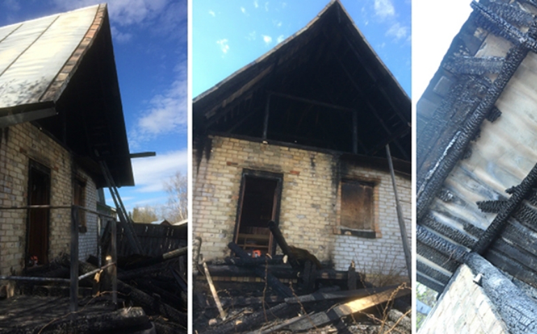 A house where Jehovah’s Witnesses prayed in Zheshart, in northwest Russia, was destroyed by arson. The Witnesses say a Molotov cocktail was found at the site. (Courtesy of Jehovah’s Witnesses)