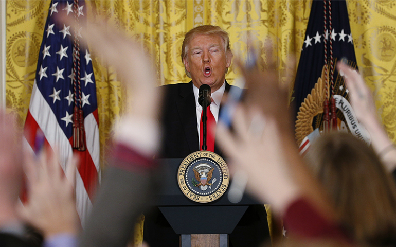 U.S. President Donald Trump takes questions from reporters during a lengthy news conference at the White House in Washington, D.C., on Feb. 16, 2017. (Reuters/Kevin Lamarque)