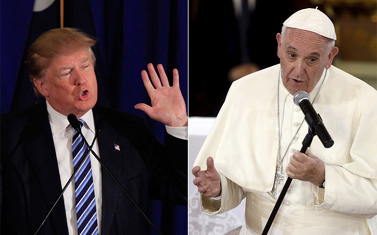 President Donald Trump, left, will meet Pope Francis at the Vatican in late May 2017. (RNS/Reuters/Randall Hill, left, and Gregorio Borgia, right)
