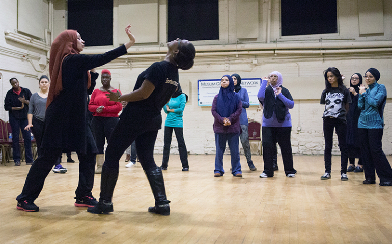 Women participate in a self-defense class at the Muslim Community Network in New York City on Dec. 3, 2016. (Sai Mokhtari/Gothamist)