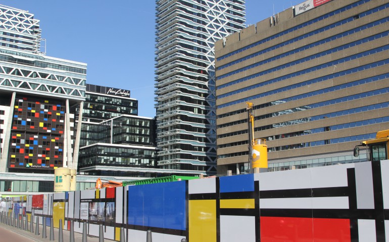 Mondrian-style decorations lead up to and are displayed on the Hampshire Hotel-Babylon in The Hague, Netherlands. (Nachama Soloveichik)