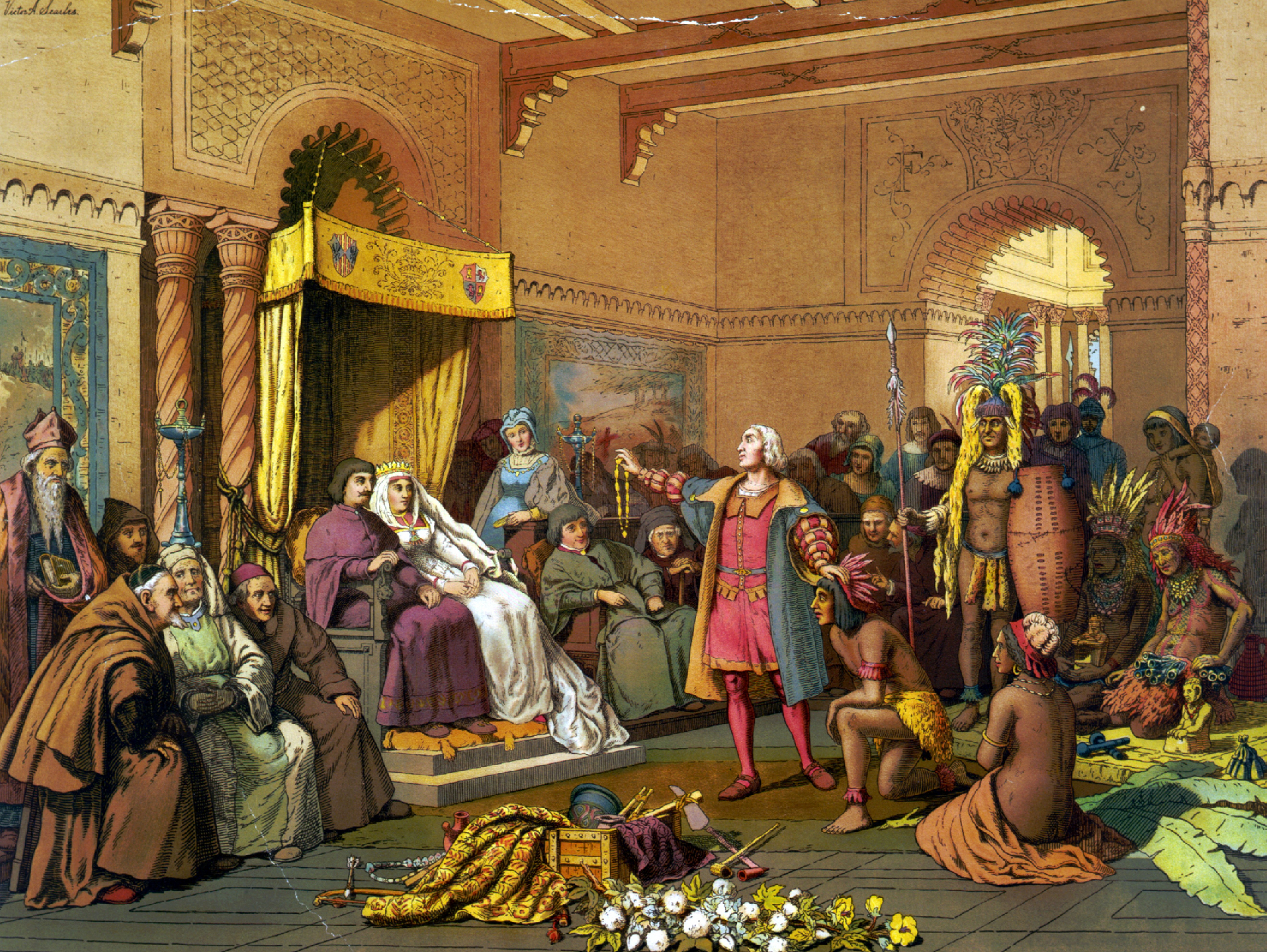 An illustration shows Christopher Columbus standing before the king and queen of Spain, presenting Indians and treasures from the New World in 1493 in Barcelona. (Newscom/World History Archive)