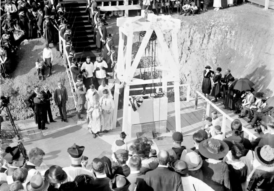 The cornerstone is laid for the National Shrine of the Immaculate Conception in Washington, D.C., in 1920. (Library of Congress)