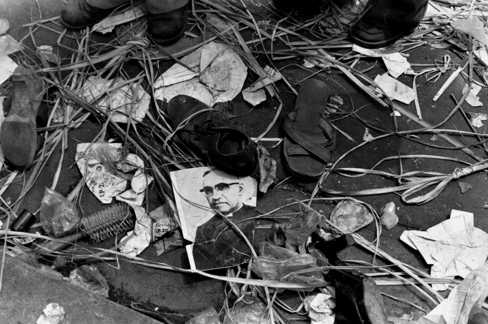Abandoned shoes are seen outside the San Salvador Cathedral after the massacre at Archbishop Óscar Romero's funeral Mass on March 30, 1980. (NCR photo/June Carolyn Erlick)