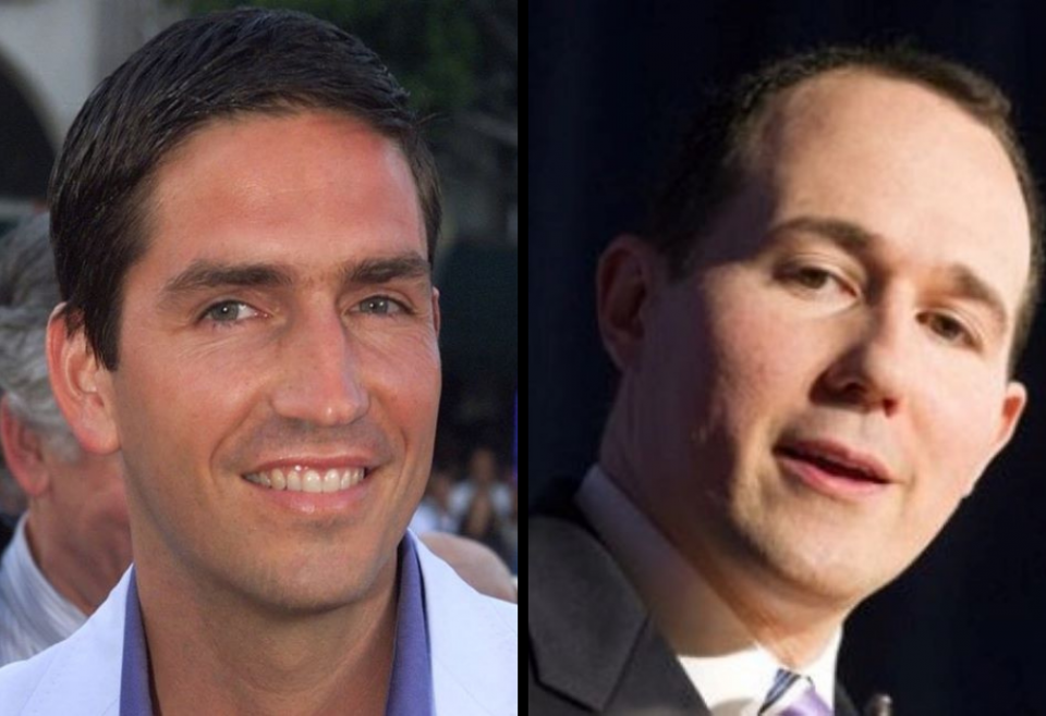 Jim Caviezel, left, appears in a 2003 file photo for the film "The Passion of the Christ." Raymond Arroyo, EWTN anchor and frequent Fox News contributor, appears in a 2013 file photo taken at the National Religious Freedom Conference in Washington. 