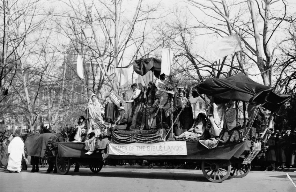A "Women of the Bible Lands" float passes the U.S. Capitol during the Woman Suffrage Parade held in Washington, D.C., March 3, 1913. (Library of Congress/George Grantham Bain Collection) A "Women of the Bible Lands" float passes the U.S. Capitol during the Woman Suffrage Parade held in Washington, D.C., March 3, 1913. (Library of Congress/George Grantham Bain Collection)
