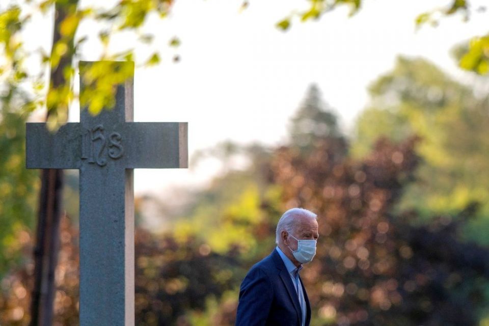 Then-Democratic U.S. presidential nominee Joe Biden arrives to attend a morning service at St. Joseph's on the Brandywine Catholic Church in Greenville, Del., Sept. 20, 2020. (CNS/Reuters/Mark Makela)
