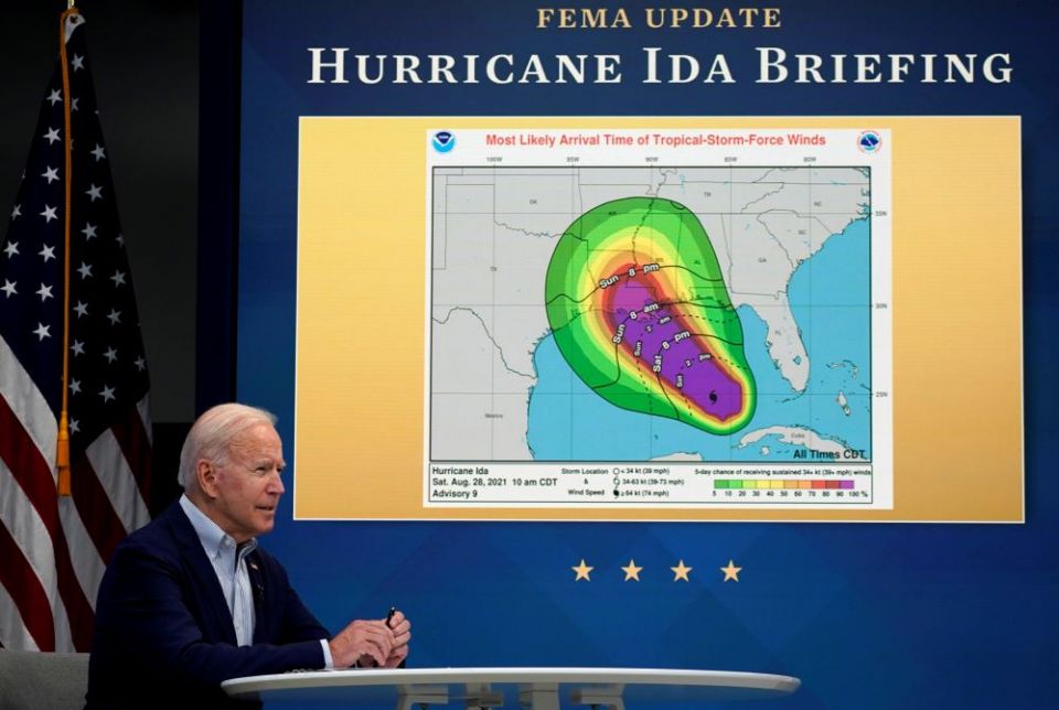 President Joe Biden speaks during a virtual briefing with FEMA Administrator Deanne Criswell on preparations for Hurricane Ida from the White House in Washington Aug. 28, 2021. (CNS photo/Elizabeth Frantz, Reuters)