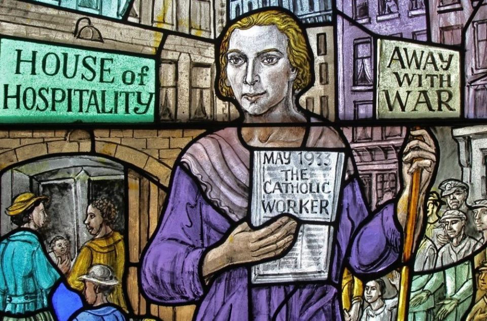 Dorothy Day is depicted in a stained-glass window at Our Lady of Lourdes Church in the Staten Island borough of New York. Day's cause for canonization is advancing from the Archdiocese of New York to the Vatican. (CNS/Gregory A. Shemitz)  