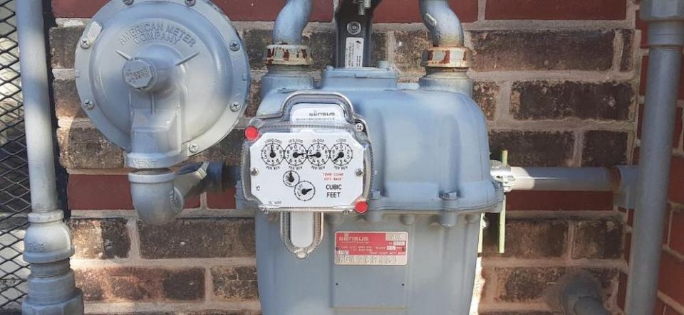 A natural gas meter is seen on the campus of St. Nicholas Parish, in Evanston, Illinois. The parish was part of efforts to benchmark energy use in the Chicago Archdiocese to better analyze power demand and identify ways to limit it. (Diego Lara-Perez)
