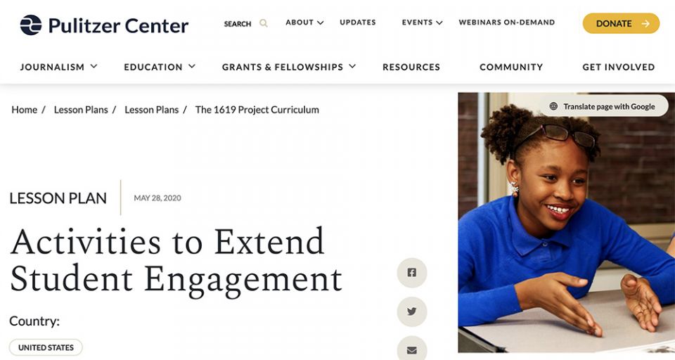 A lesson plan for "The 1619 Project" on the Pulitzer Center website (NCR screenshot)
