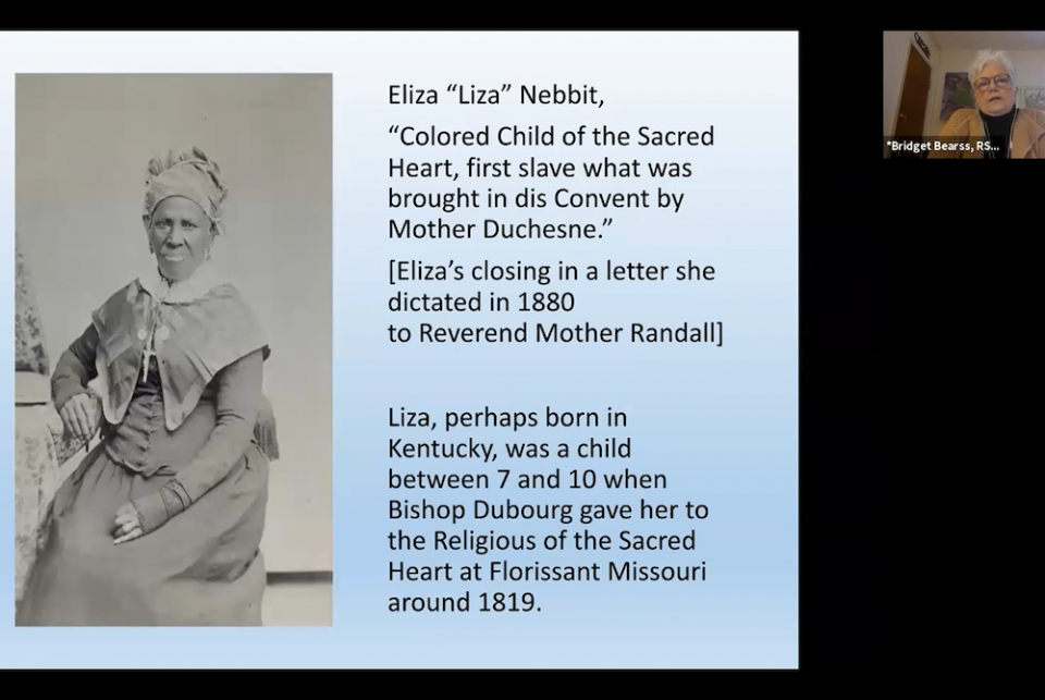 Sr. Bridget Bearss (upper right corner) shares an image and bio of Eliza "Liza" Nebbit, one of the people her congregation, the Religious of the Sacred Heart, enslaved in the 1800s. Nebbit, who is thought to have been born in Kentucky, was between the age