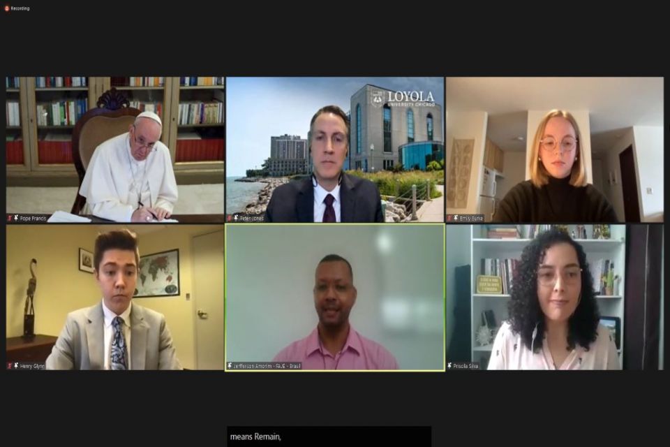 Pope Francis listens to Catholic university students during a virtual dialogue Feb. 24, which Loyola University Chicago hosted in collaboration with Catholic universities and colleges in North, Central and South America, as well as the Caribbean.