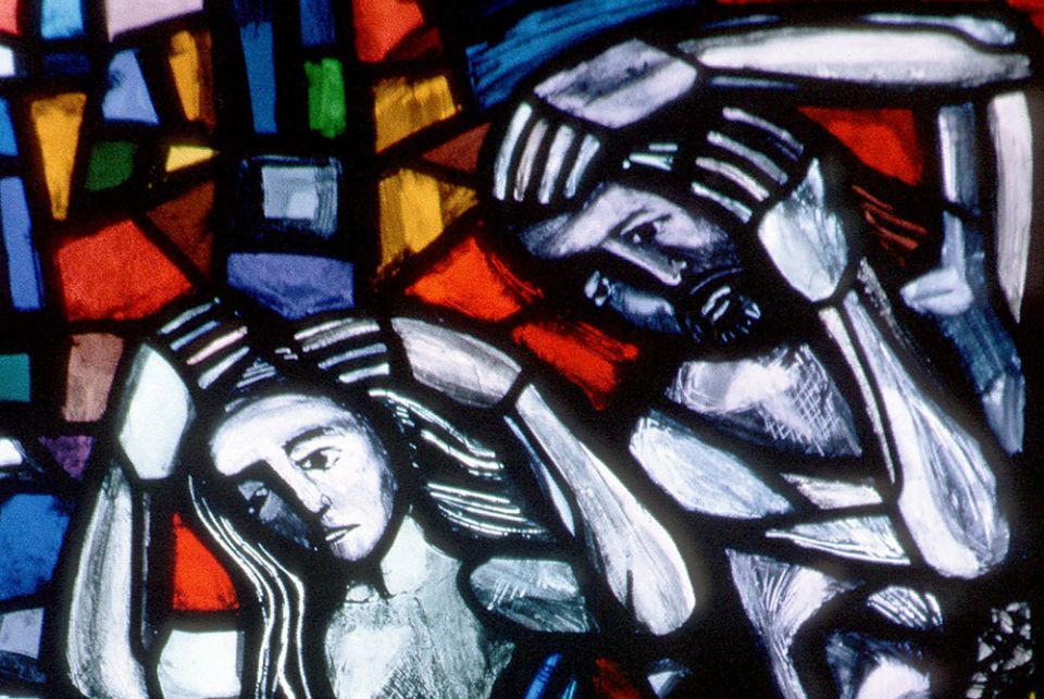 Adam and Eve are depicted in a stained-glass window at St. Nicolas Church in Feldkirch, Austria. In "The Making of Biblical Womanhood: How the Subjugation of Women Became Gospel Truth," historian Beth Allison Barr writes that "Biblical womanhood is Christ