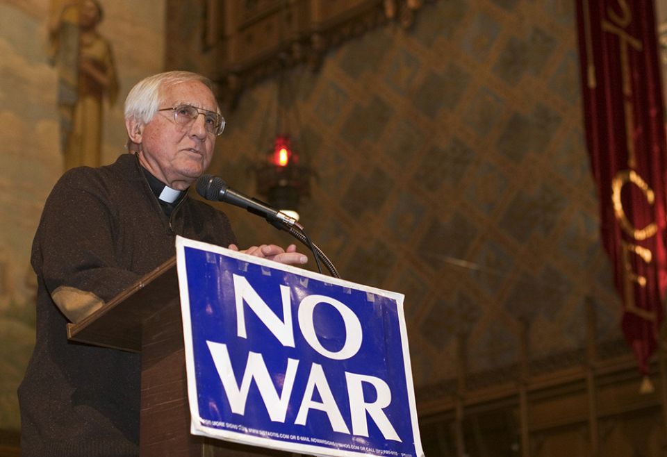 Catholic Bishop Thomas Gumbleton, auxiliary bishop of Detroit, addresses several hundred anti-war activists at Central United Methodist Church March 18, 2005, in Detroit. (CNS/Jim West)