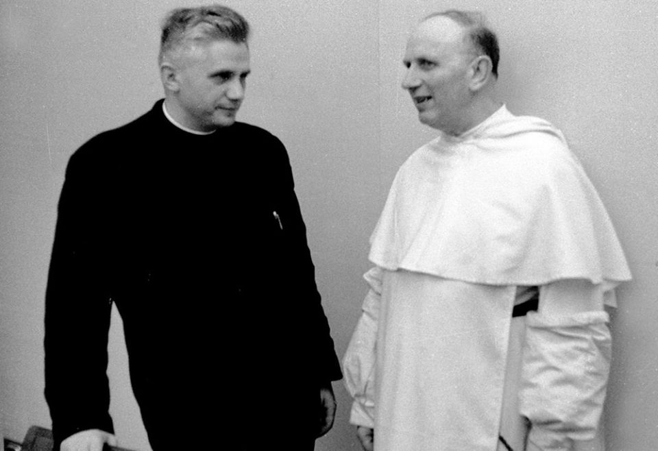 Fr. Joseph Ratzinger is seen with French Dominican Fr. Yves Congar during the Second Vatican Council in 1962. Ratzinger, who became Pope Benedict XVI, gained a reputation as a progressive theologian during Vatican II. (CNS/KNA)