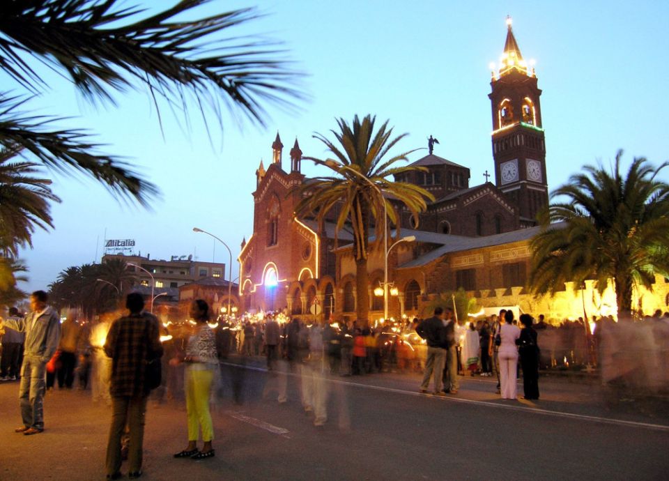 Eritreans gather in front of the Catholic cathedral in the capital of Asmara on the eve of Martyrs Day June 19. 