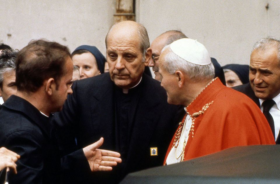 Archbishop Paul Marcinkus, center, is seen with Pope John Paul II in an undated file photo. (CNS/Catholic Press Photo)