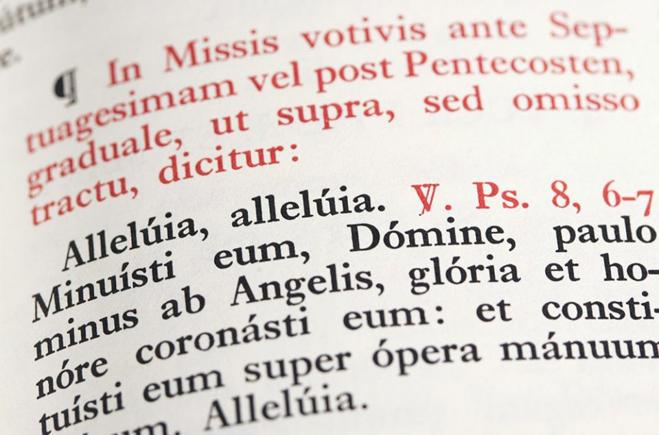 A detail of the Gospel acclamation from a reproduction of the 1962 Roman Missal. Commonly known as the Tridentine Mass, the Mass of this missal is entirely in Latin. (CNS/Nancy Wiechec)