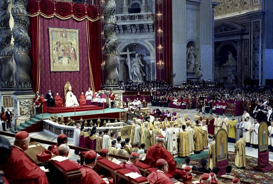 Pope Paul VI presides over a meeting of the Second Vatican Council in St. Peter's Basilica at the Vatican in 1963. (CNS/Catholic Press Photo)