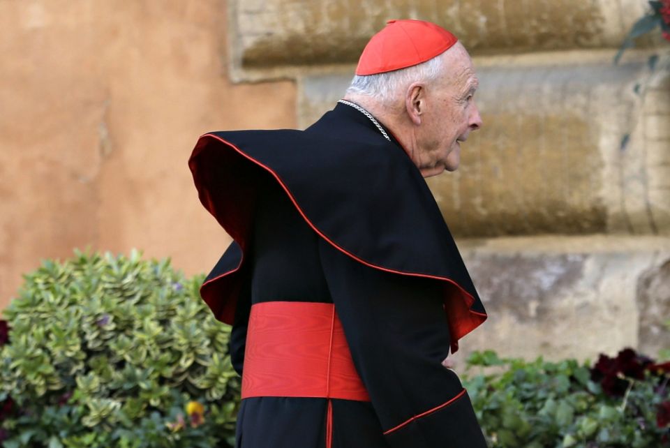 Cardinal Theodore McCarrick arrives at a meeting of cardinals in advance of the conclave to elect a new pope at the Vatican in March 2013. (CNS/Reuters/Max Rossi)