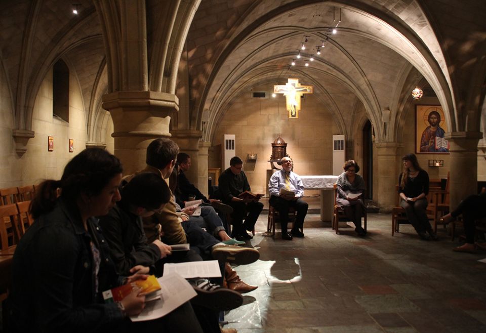 A group of catechumens gathers in Copley Crypt Chapel of the North American Martyrs at Georgetown University in Washington, in a 2014 file photo. (CNS/Ashleigh Buyers)