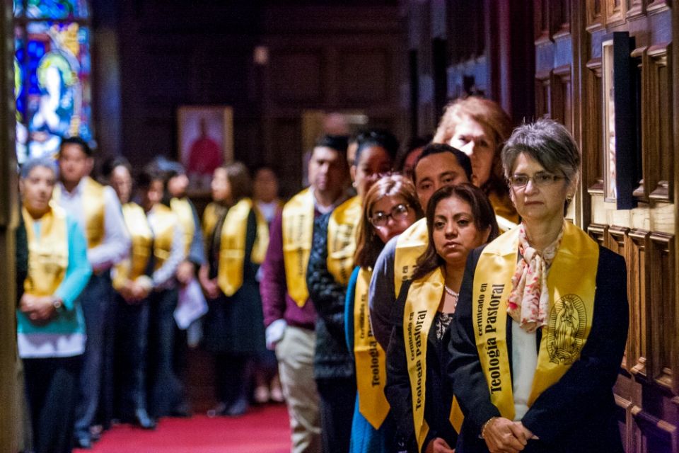 Lay students receiving a pastoral theology certificate in Spanish line up before Mass and a graduation ceremony in January 2016 at Holy Spirit Church in Atlanta. (CNS/Georgia Bulletin/Thomas Spink) Lay students receiving a pastoral theology certificate in Spanish line up before Mass and a graduation ceremony in January 2016 at Holy Spirit Church in Atlanta. (CNS/Georgia Bulletin/Thomas Spink)
