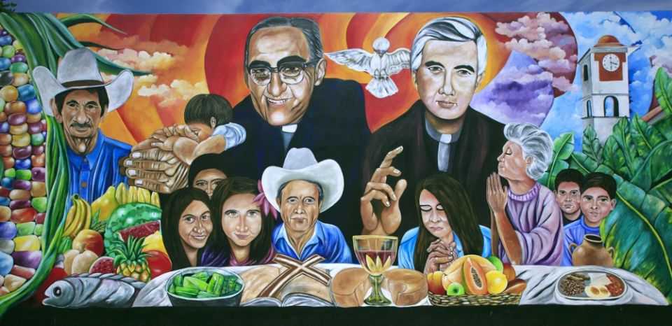 A mural of Archbishop Óscar Romero and Jesuit Fr. Rutilio Grande is seen in El Paisnal, El Salvador, in 2016. (CNS/Octavio Duran)