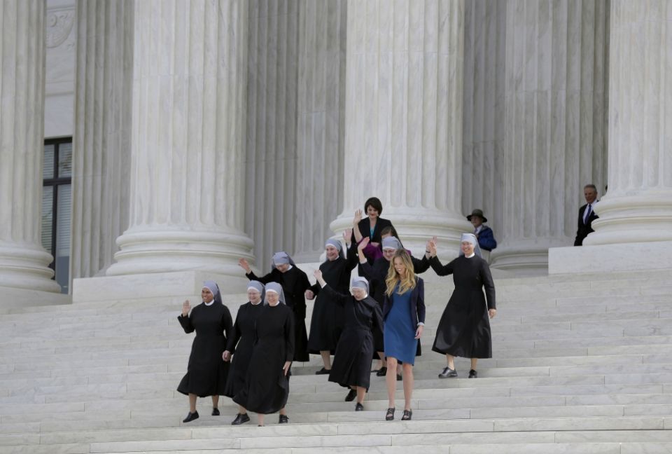 Members of the Little Sisters of the Poor and other women walk down the steps of the U.S. Supreme Court in Washington in March 2016 after attending oral arguments in the Zubik v. Burwell contraceptive mandate case. (CNS/Reuters/Joshua Roberts) Members of the Little Sisters of the Poor and other women walk down the steps of the U.S. Supreme Court in Washington in March 2016 after attending oral arguments in the Zubik v. Burwell contraceptive mandate case. (CNS/Reuters/Joshua Roberts)