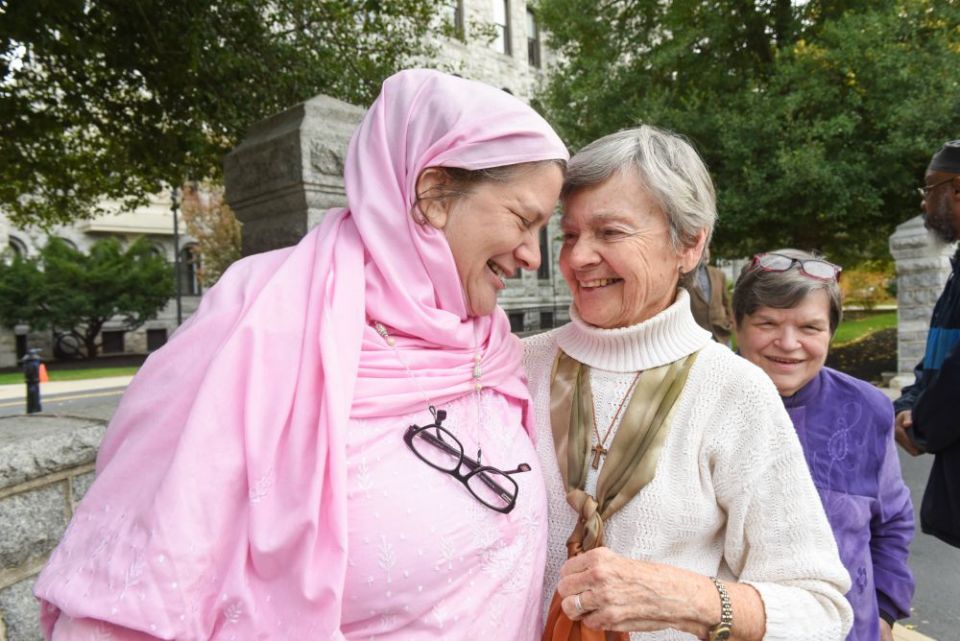 Noor Phillips, left, of the Zubaida Foundation, embraces Franciscan Sr. Marie Lucey. (Sisters of St. Francis of Philadelphia)