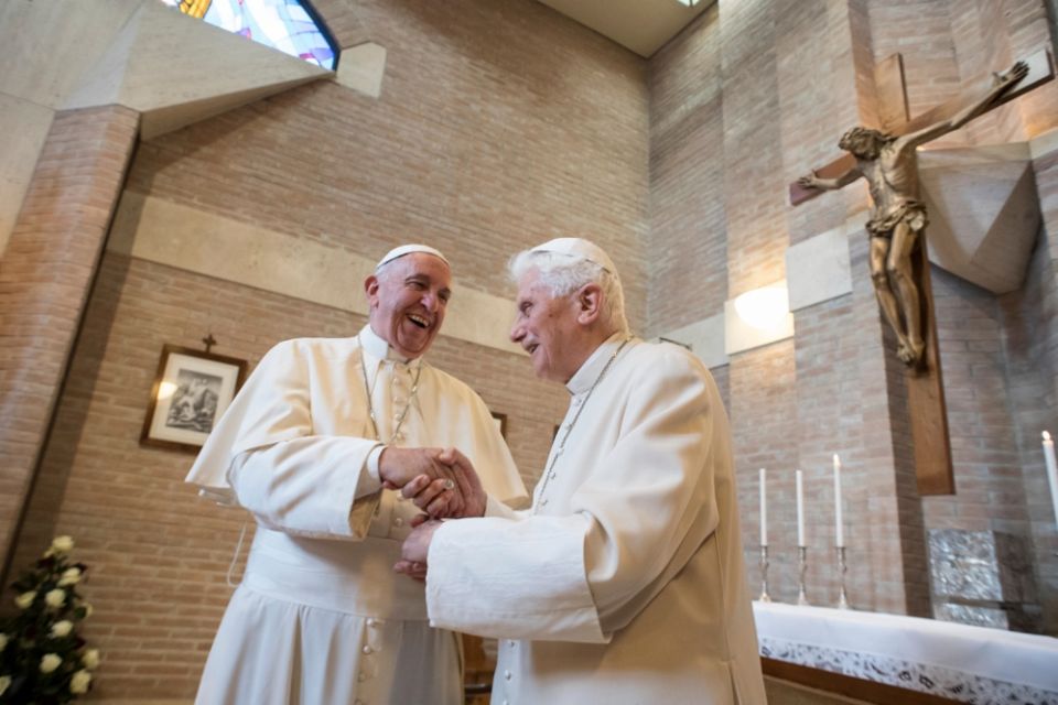 Pope Francis talks with Pope Emeritus Benedict XVI during a visit with new cardinals at the retired pope's residence after a consistory at the Vatican Nov. 19, 2016. (CNS/L'Osservatore Romano, handout)