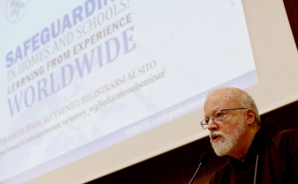 Boston Cardinal Sean O'Malley, president of the Pontifical Commission for the Protection of Minors, speaks during a seminar on safeguarding children at the Pontifical Gregorian University in Rome March 23. (CNS/Paul Haring)