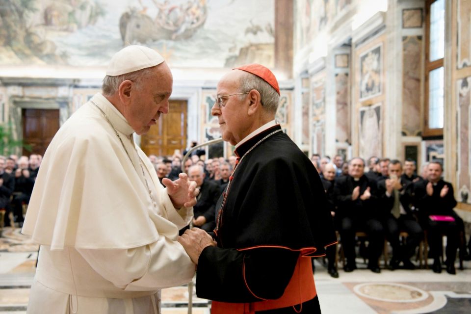 Pope Francis greets Cardinal Ricardo Blázquez Pérez of Valladolid, Spain, during an audience with seminarians and faculty of the Pontifical Spanish College of St. Joseph at the Vatican April 1, 2017. (CNS/L'Osservatore Romano, handout)