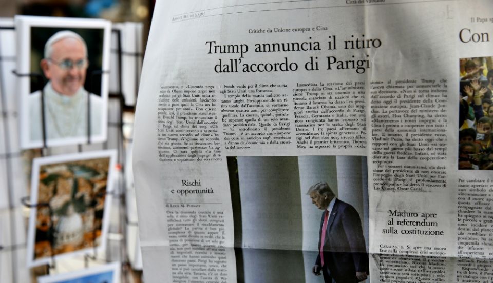"Trump announces withdrawal from the Paris accord," says the headline in the Vatican's L'Osservatore Romano newspaper, released the evening of June 2. (CNS/Paul Haring) "Trump announces withdrawal from the Paris accord," says the headline in the Vatican's L'Osservatore Romano newspaper, released the evening of June 2. (CNS/Paul Haring)